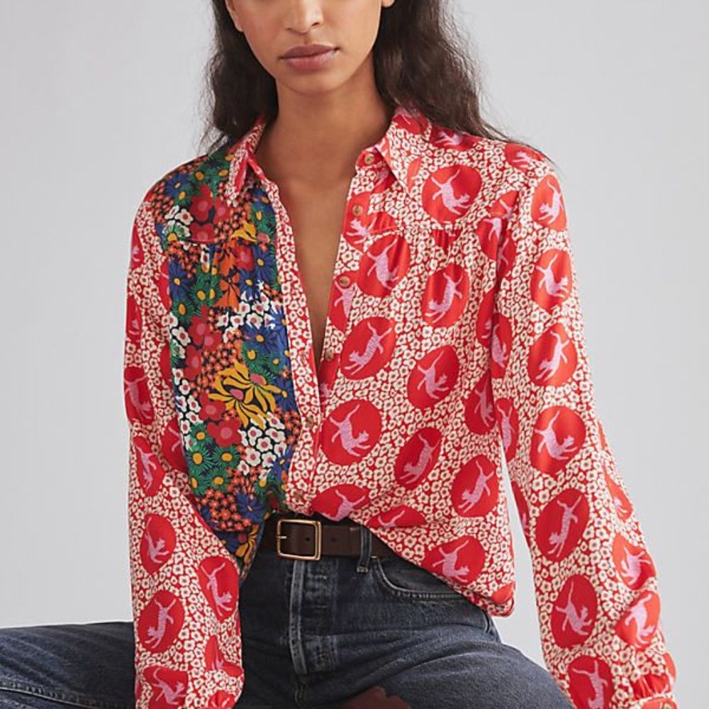 Anthropologie Liv Lee Whimsy Mixed Print Floral Leopard Button Up Blouse Shirt